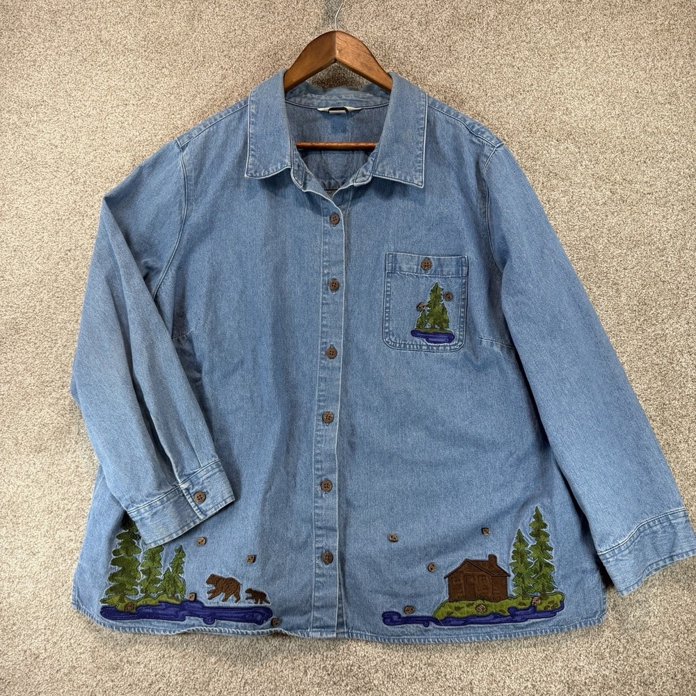 CJ Banks 3x VTG Denim Shirt Embroidered Cabin Trees Rustic Cottagecore Granny